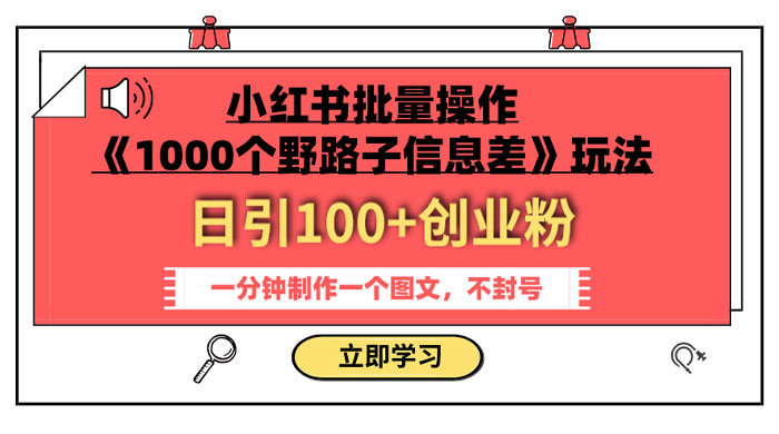 小红书批量操作《 1000 个野路子信息差》玩法，日引 100+ 创业粉，一分钟一个图文 - 灵魂源码网-网站搭建教学-软件开发-小程序源码