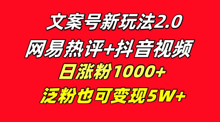文案号新玩法,网易热评+抖音文案 一周轻松涨粉 5W+ 多种变现模式 - 灵魂源码网-网站搭建教学-软件开发-小程序源码