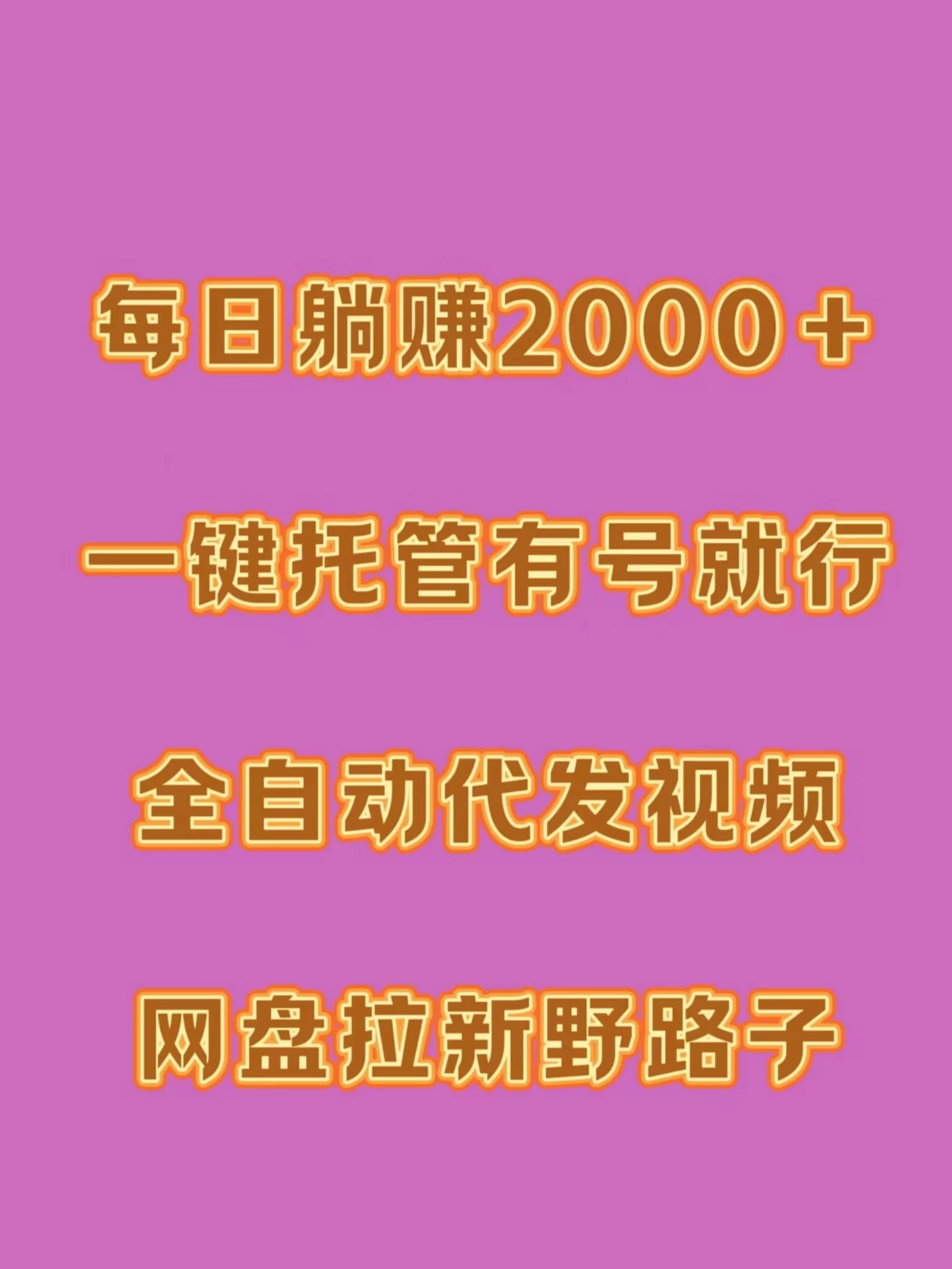每日躺赚2000＋，一键托管有号就行，全自动代发视频，网盘拉新野路子 - 灵魂源码网-网站搭建教学-软件开发-小程序源码