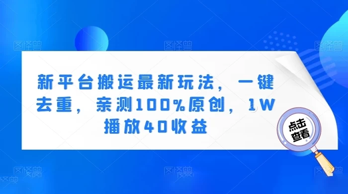 新平台搬运最新玩法,一键去重,亲测 100% 原创,1W 播放 40 收益 - 灵魂源码网-网站搭建教学-软件开发-小程序源码